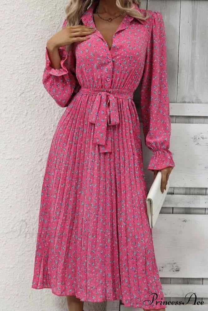 Floral Tie Waist Long Sleeve Pleated Midi Dress