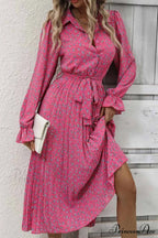 Floral Tie Waist Long Sleeve Pleated Midi Dress