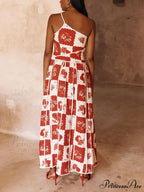 Floral Trim Unique Printed Graceful One Shoulder Flared Maxi Dress