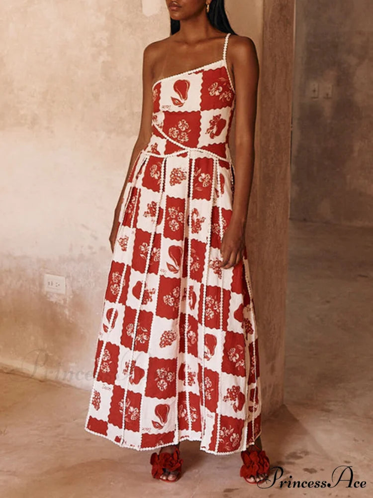 Floral Trim Unique Printed Graceful One Shoulder Flared Maxi Dress