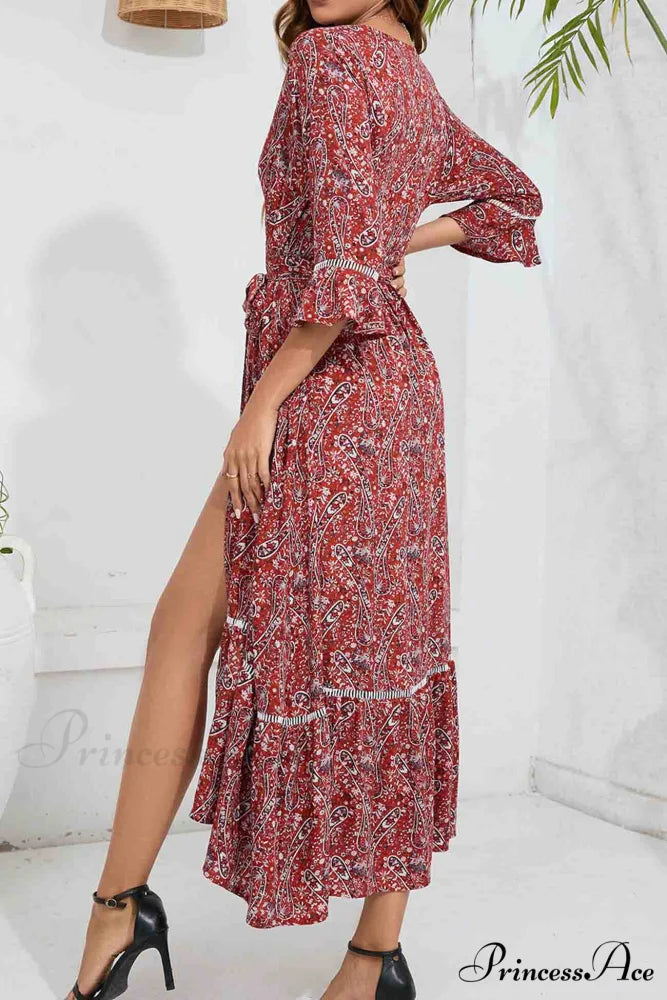 Floral V Neck Midi Dress with Slit