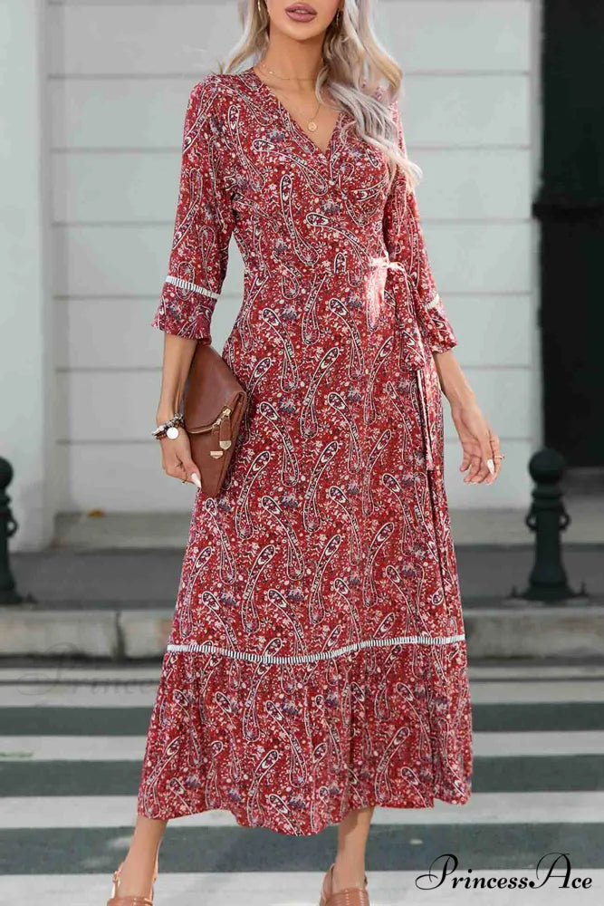 Floral V Neck Midi Dress with Slit