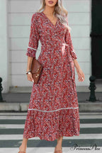 Floral V Neck Midi Dress with Slit