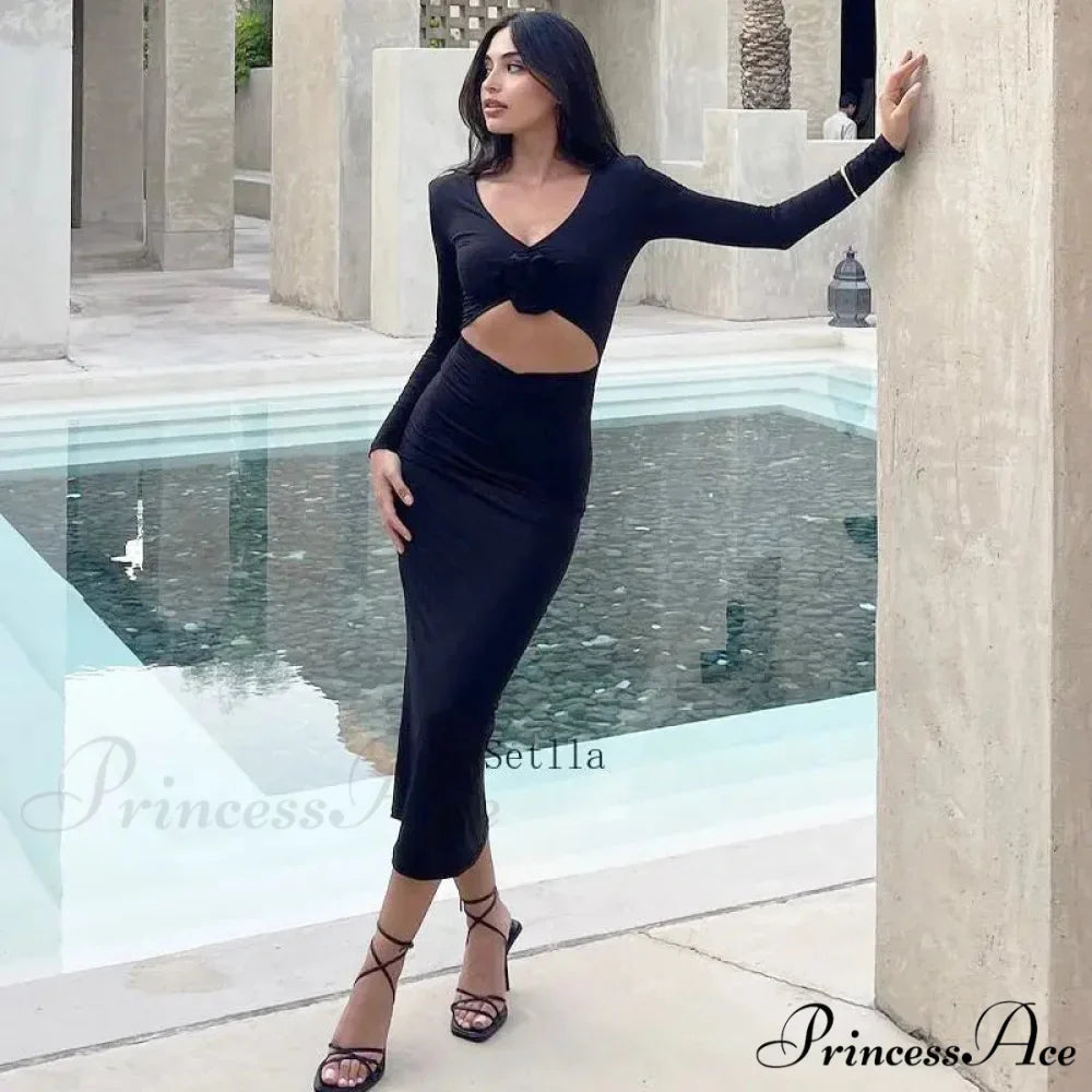 Florale Cut Out Long for Women Long Sleeve Sexy Sexy Midi Dress