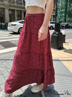 Flounced Blooming Crimson High Waist A-Line Skirt