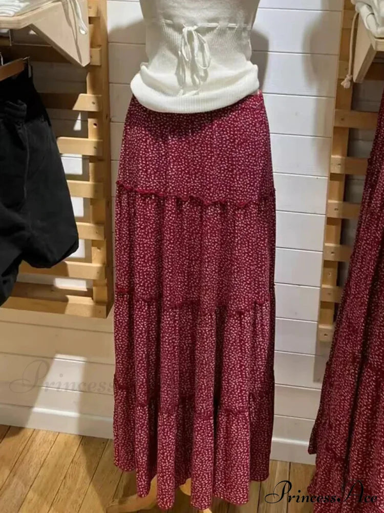 Flounced Blooming Crimson High Waist A-Line Skirt