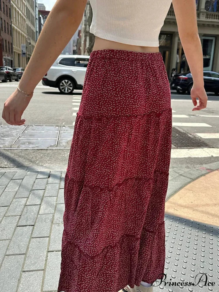 Flounced Blooming Crimson High Waist A-Line Skirt