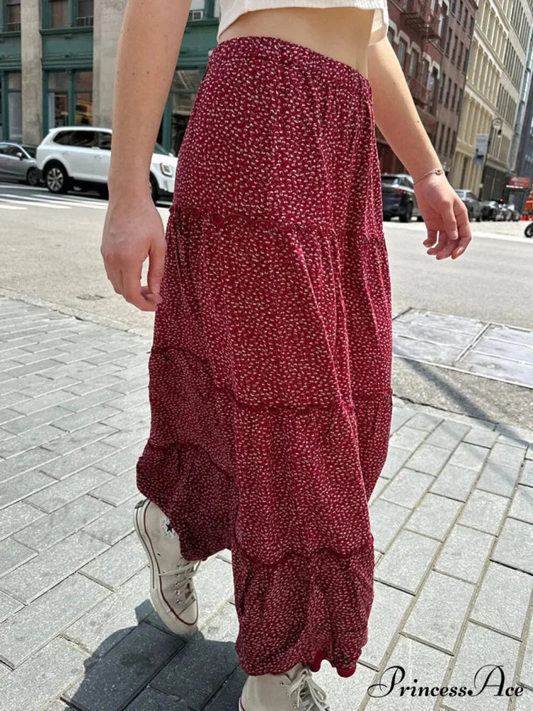 Flounced Blooming Crimson High Waist A-Line Skirt