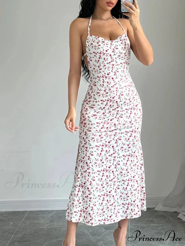 Flower Bound Open-Back Halter Divided Flower Dress