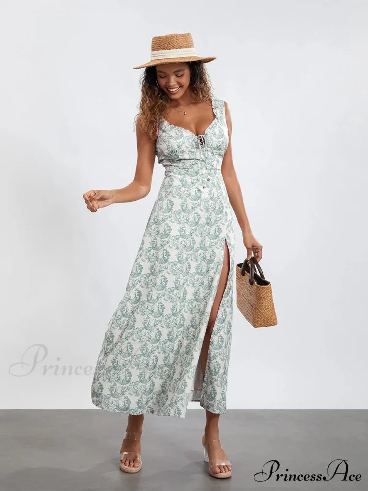 Flower Child Tank Dress Sleeveless Frilled Tie-up Sweetheart Floral Dress