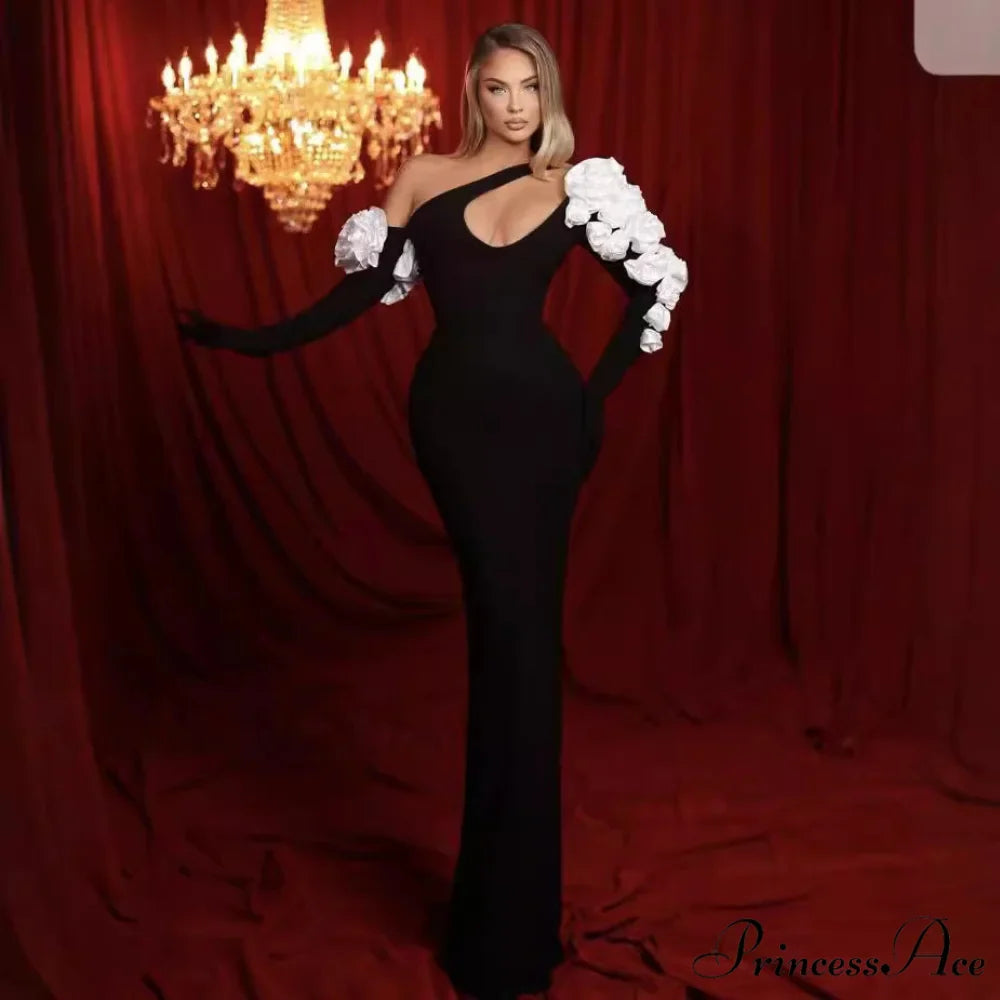 Flower Decorated Extended Sleeve Bandage Prom Dress