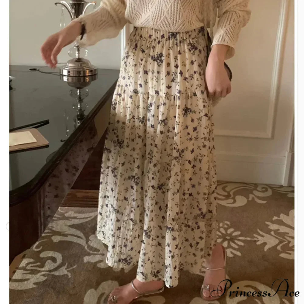 Flower Ditsy Pattern Stretchy Waist Tiered Long Flared Skirt