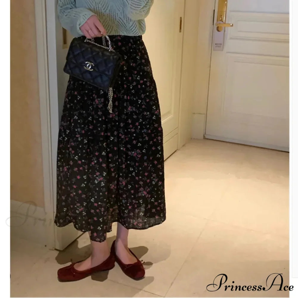 Flower Ditsy Pattern Stretchy Waist Tiered Long Flared Skirt