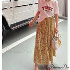 Flower Ditsy Pattern Stretchy Waist Tiered Long Flared Skirt