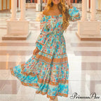 Flower Extended Sleeve Belt Fringe Off Shoulder Bohemian Dress