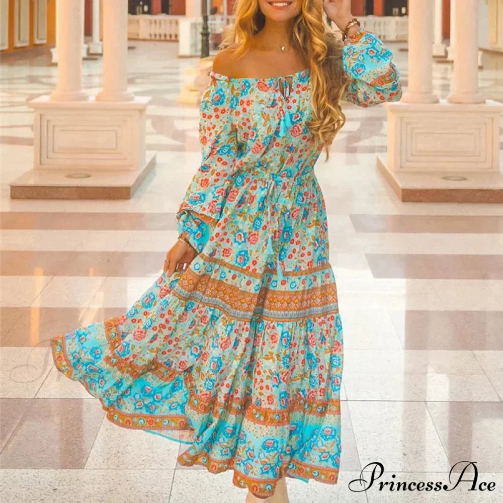Flower Extended Sleeve Belt Fringe Off Shoulder Bohemian Dress