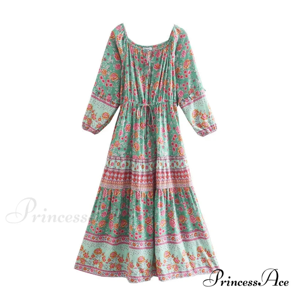 Flower Extended Sleeve Belt Fringe Off Shoulder Bohemian Dress