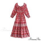 Flower Extended Sleeve Belt Fringe Off Shoulder Bohemian Dress