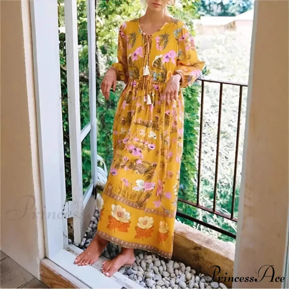 Flower Flounce Sleeve Frills Cotton Bohemian Dress