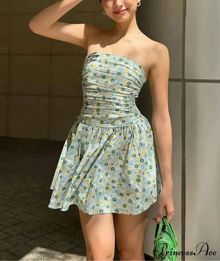 Flower Gathered Tube Mini Dress