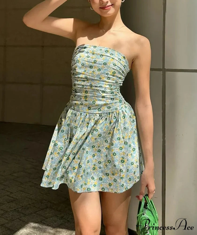Flower Gathered Tube Mini Dress