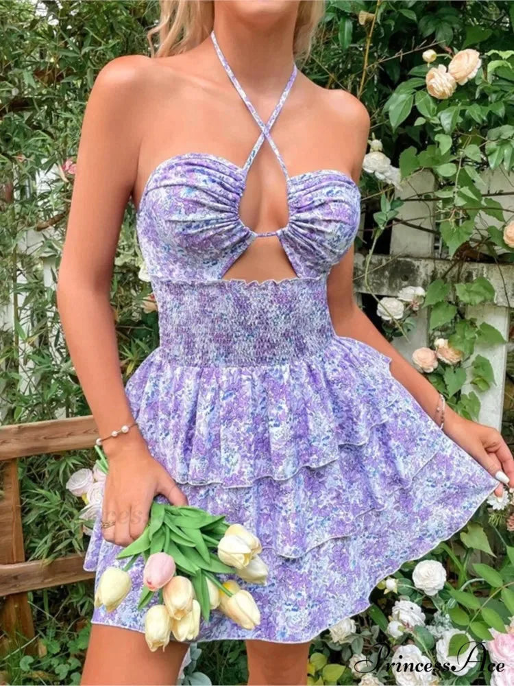 Flower Halter Neck Lace-Up Mini Flower Dress