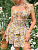 Flower Halter Neck Lace-Up Mini Flower Dress