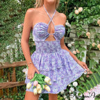 Flower Halter Neck Lace-Up Mini Flower Dress