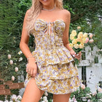 Flower Halter Neck Lace-Up Mini Flower Dress