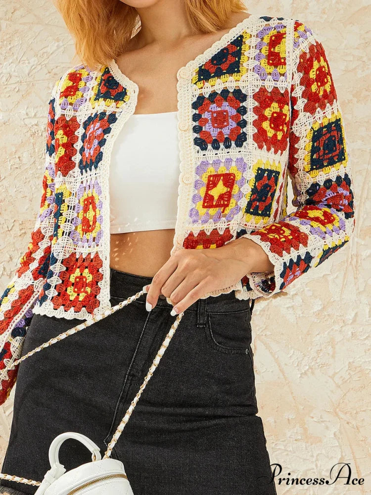 Flower Hollow Out V-Neck Knitted Cardigan