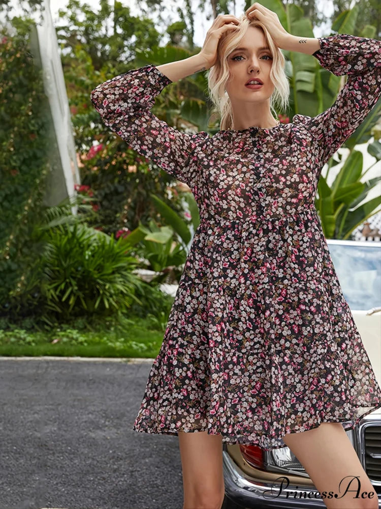 Flower O-neck Mini Celebration Flower Dress