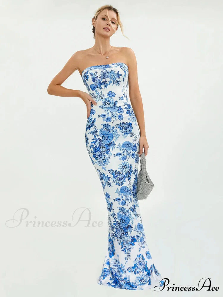 Flower Off-Shoulder Tube Bandeau Slit Bodycon Beach Vacation Flower Dress