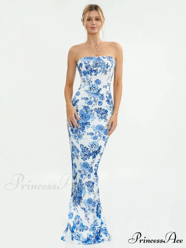 Flower Off-Shoulder Tube Bandeau Slit Bodycon Beach Vacation Flower Dress