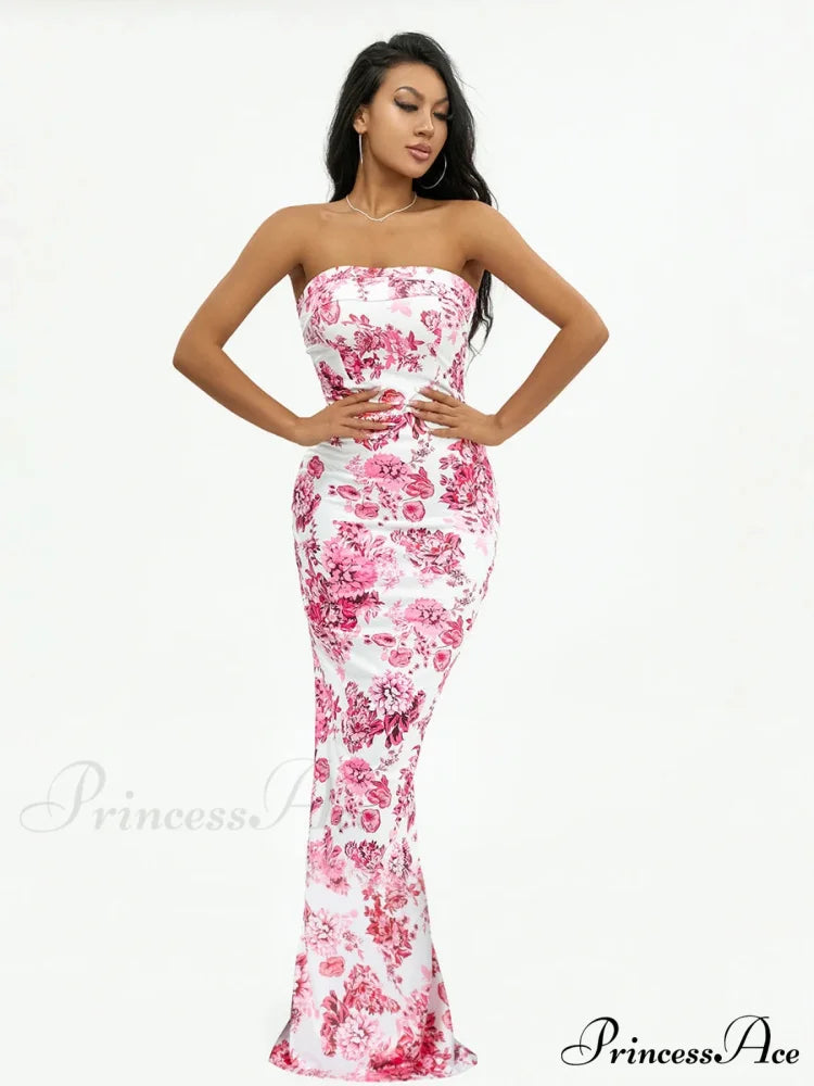 Flower Off-Shoulder Tube Bandeau Slit Bodycon Beach Vacation Flower Dress