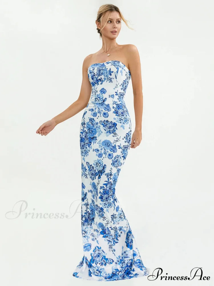 Flower Off-Shoulder Tube Bandeau Slit Bodycon Beach Vacation Flower Dress