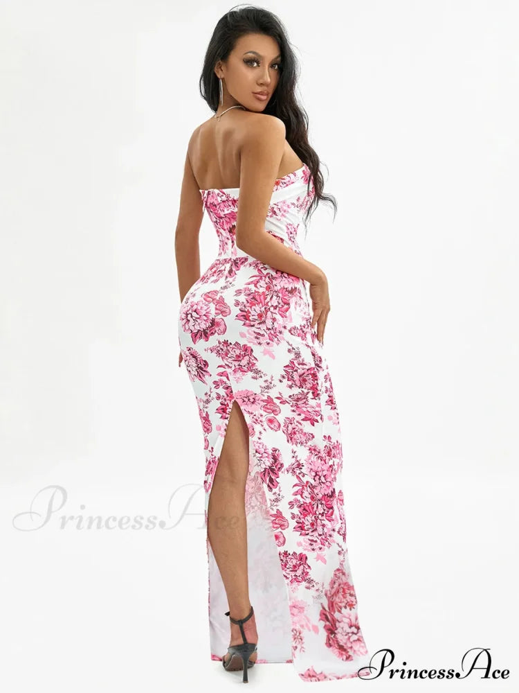 Flower Off-Shoulder Tube Bandeau Slit Bodycon Beach Vacation Flower Dress