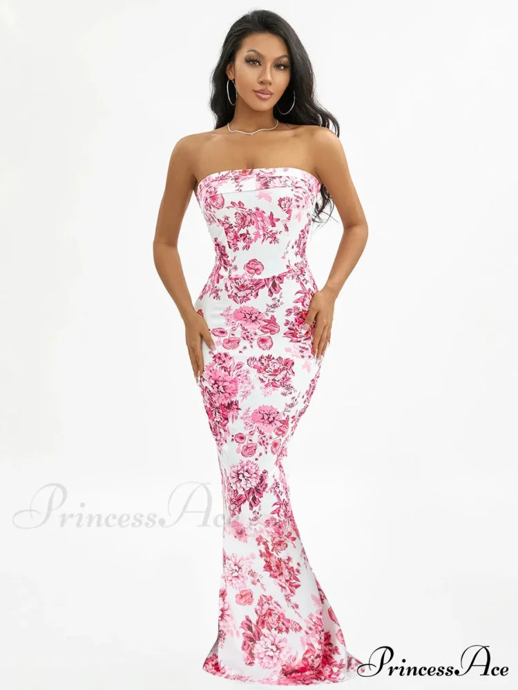 Flower Off-Shoulder Tube Bandeau Slit Bodycon Beach Vacation Flower Dress