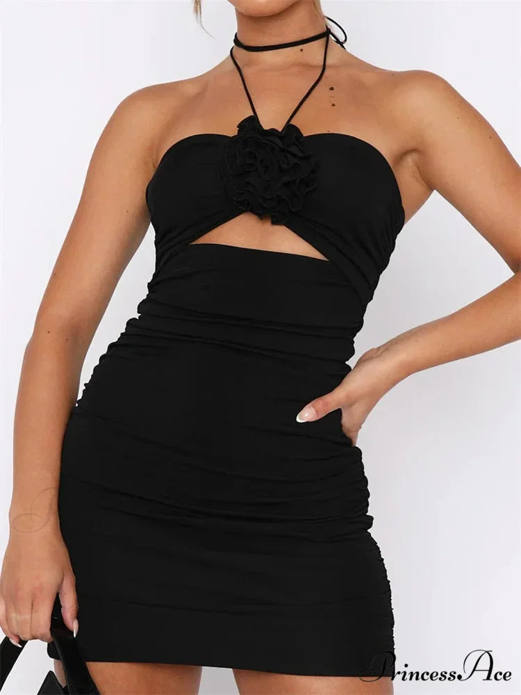 Flower Patchwork Sexy Halter Backless Off Shoulder Hollow Mini Dress