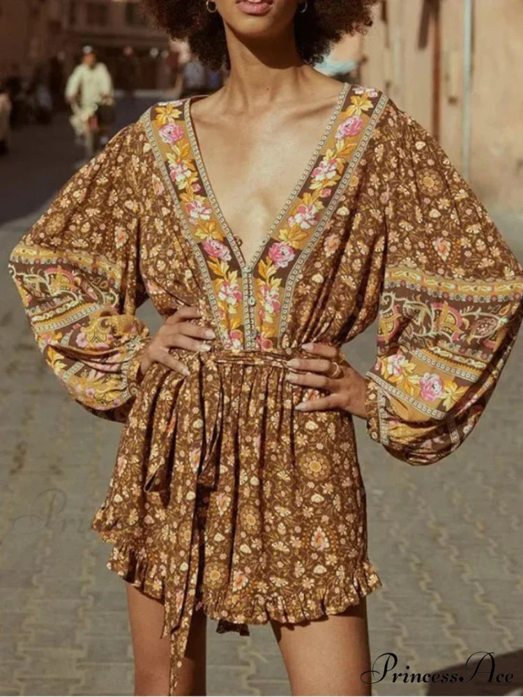 Flower Pattern Bands V-neck Full Sleeve Fringe Rayon Bohemian Jumpsuit