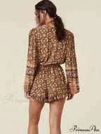 Flower Pattern Bands V-neck Full Sleeve Fringe Rayon Bohemian Jumpsuit