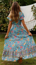 Flower Pattern Bat Sleeve Belts Wrap Long Boho Cover-ups