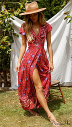 Flower Pattern Bat Sleeve Belts Wrap Long Boho Cover-ups