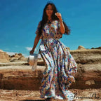 Flower Pattern Bat Sleeve V-neck Fringe Maxi Rayon Boho Dress