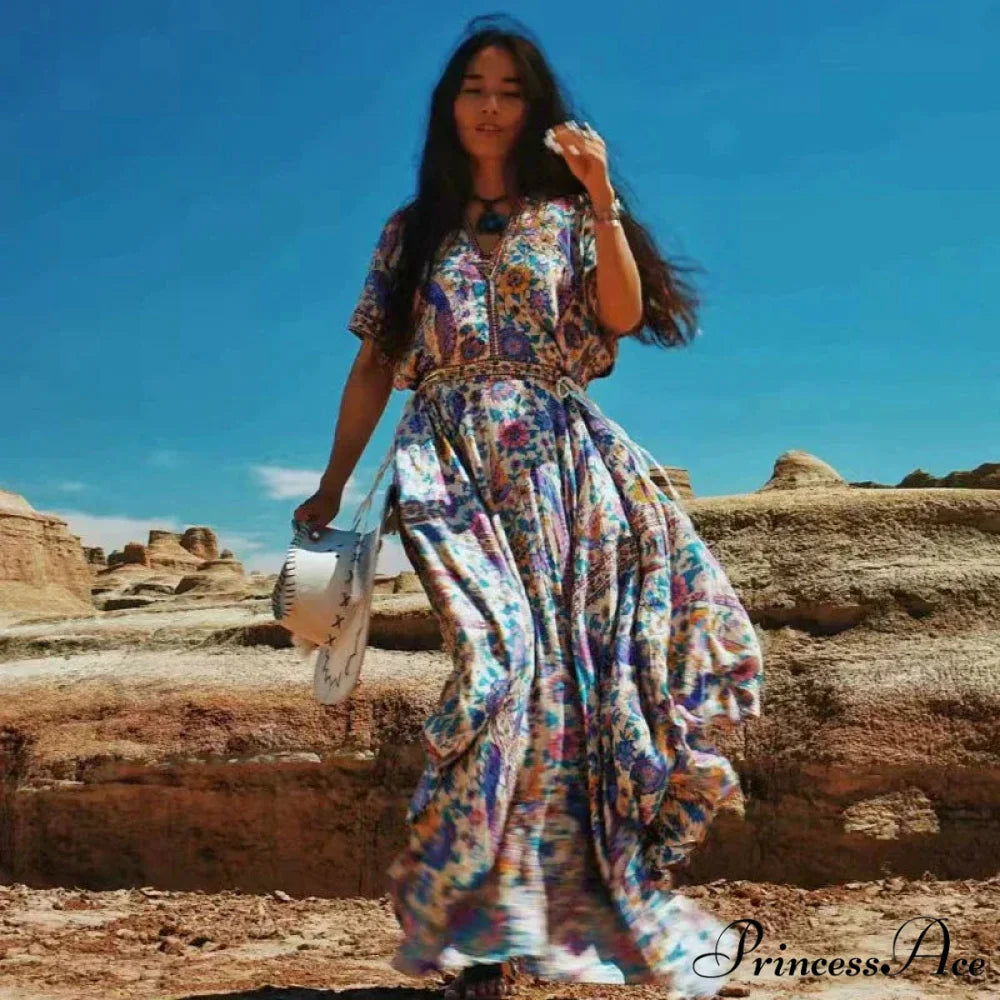 Flower Pattern Bat Sleeve V-neck Fringe Maxi Rayon Boho Dress