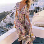 Flower Pattern Bat Sleeve V-neck Fringe Maxi Rayon Boho Dress