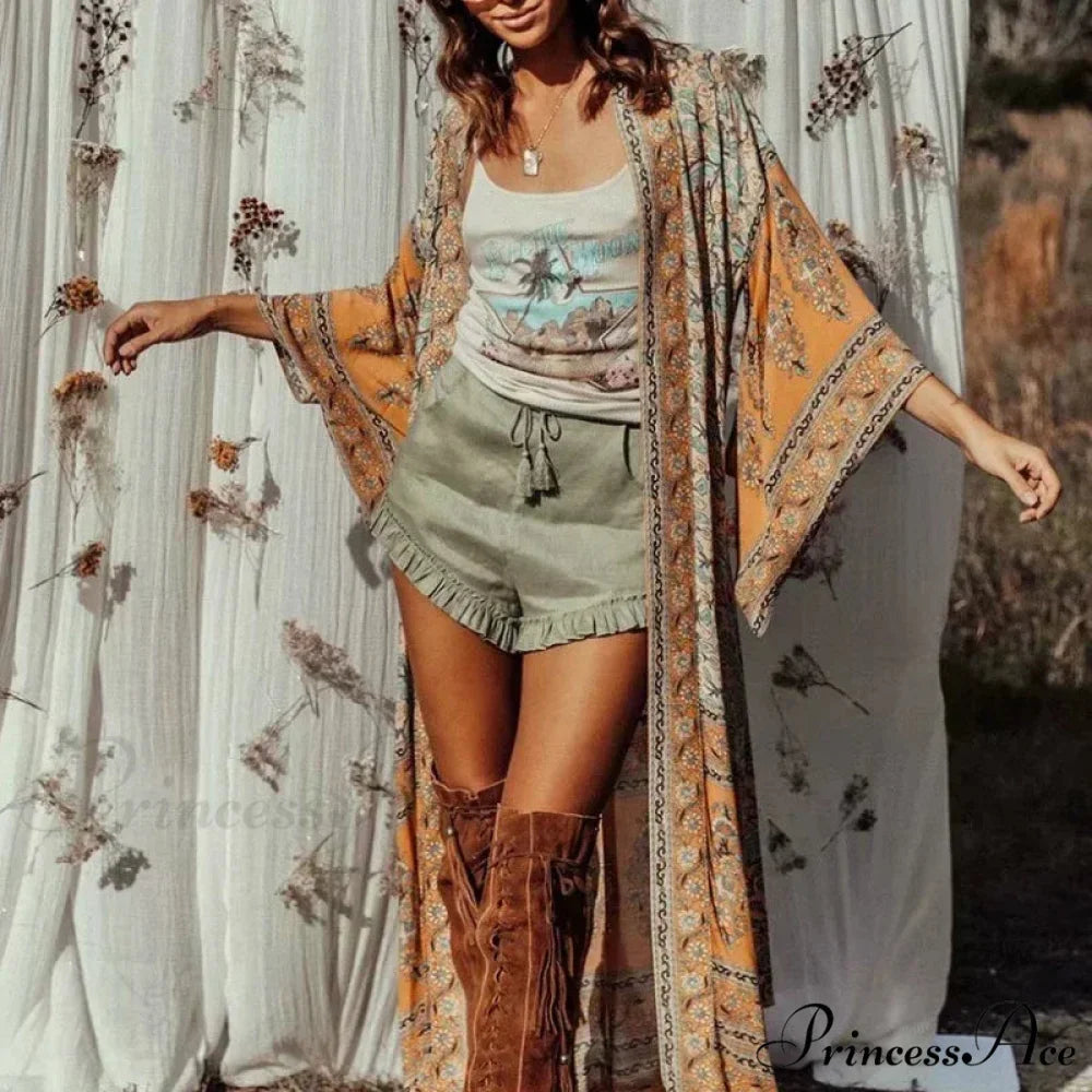 Flower Pattern Bat Sleeve V-neck Swimsuit Bohemian Cover-ups