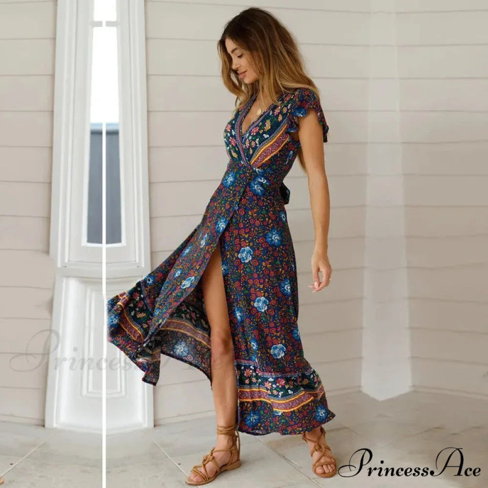 Flower Pattern Bat Sleeve Wrap V-neck Long Boho Dress