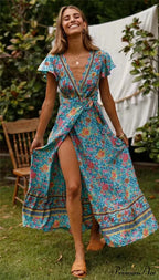 Flower Pattern Bat Sleeve Wrap V-neck Long Boho Dress