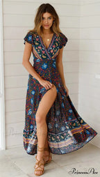 Flower Pattern Bat Sleeve Wrap V-neck Long Boho Dress