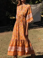 Flower Pattern Batwing Sleeve Fringe Rayon Long Boho Dress